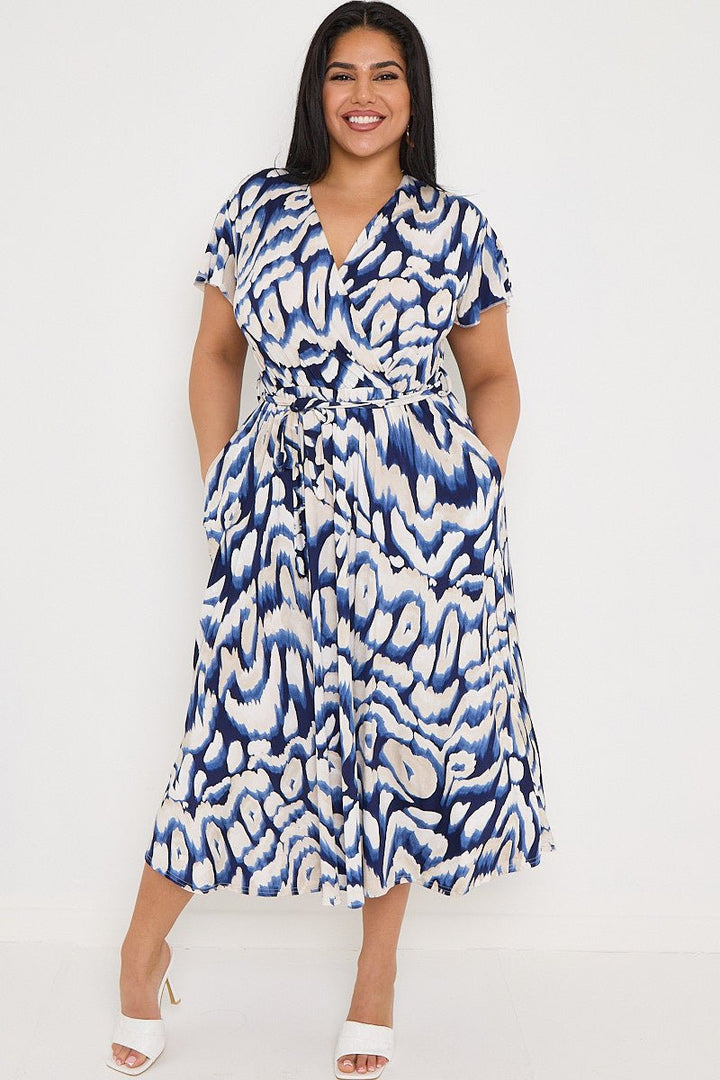 Plus Size Navy Printed Wrap Tie Waist Dress With Pockets - Curvy Chic Boutique