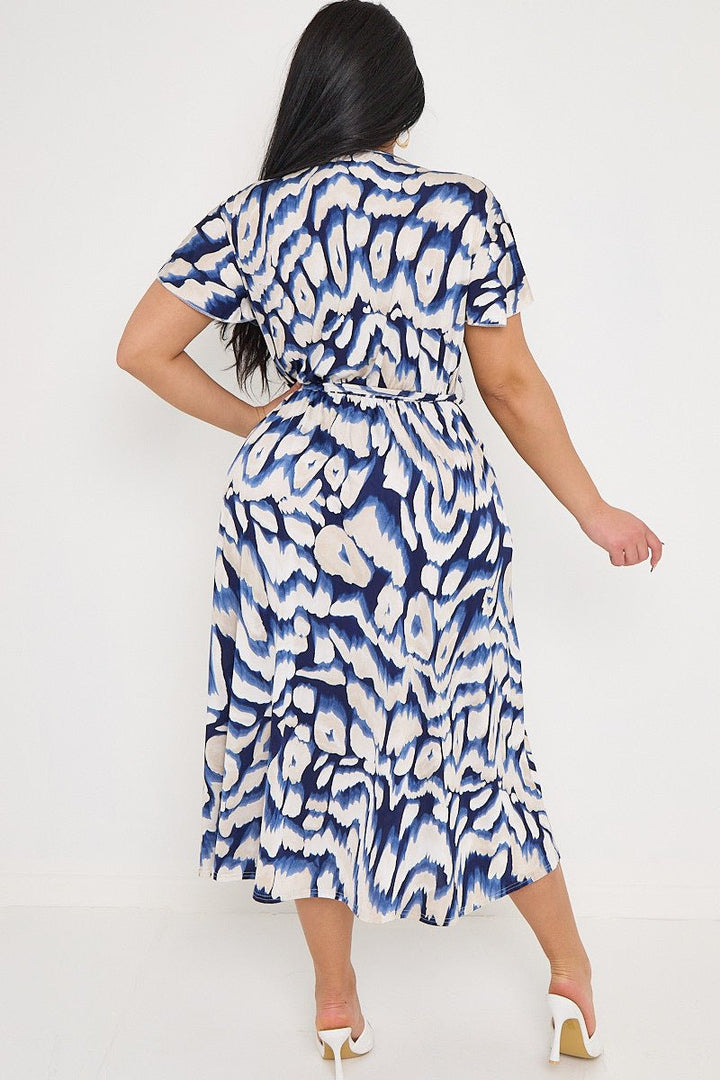 Plus Size Navy Printed Wrap Tie Waist Dress With Pockets - Curvy Chic Boutique