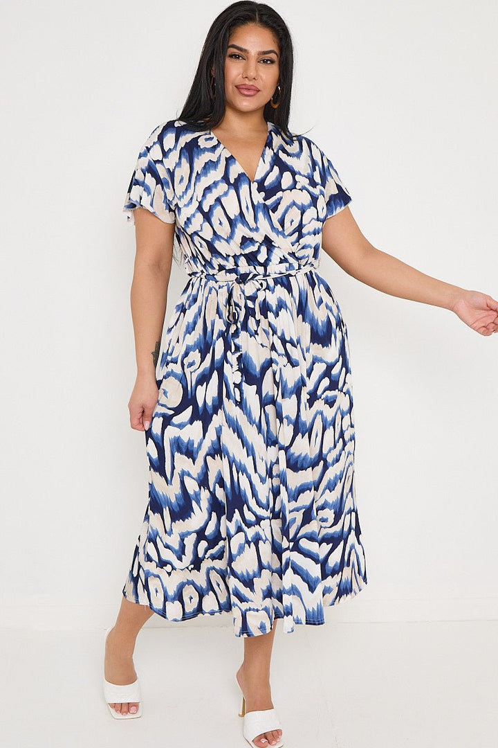 Plus Size Navy Printed Wrap Tie Waist Dress With Pockets - Curvy Chic Boutique