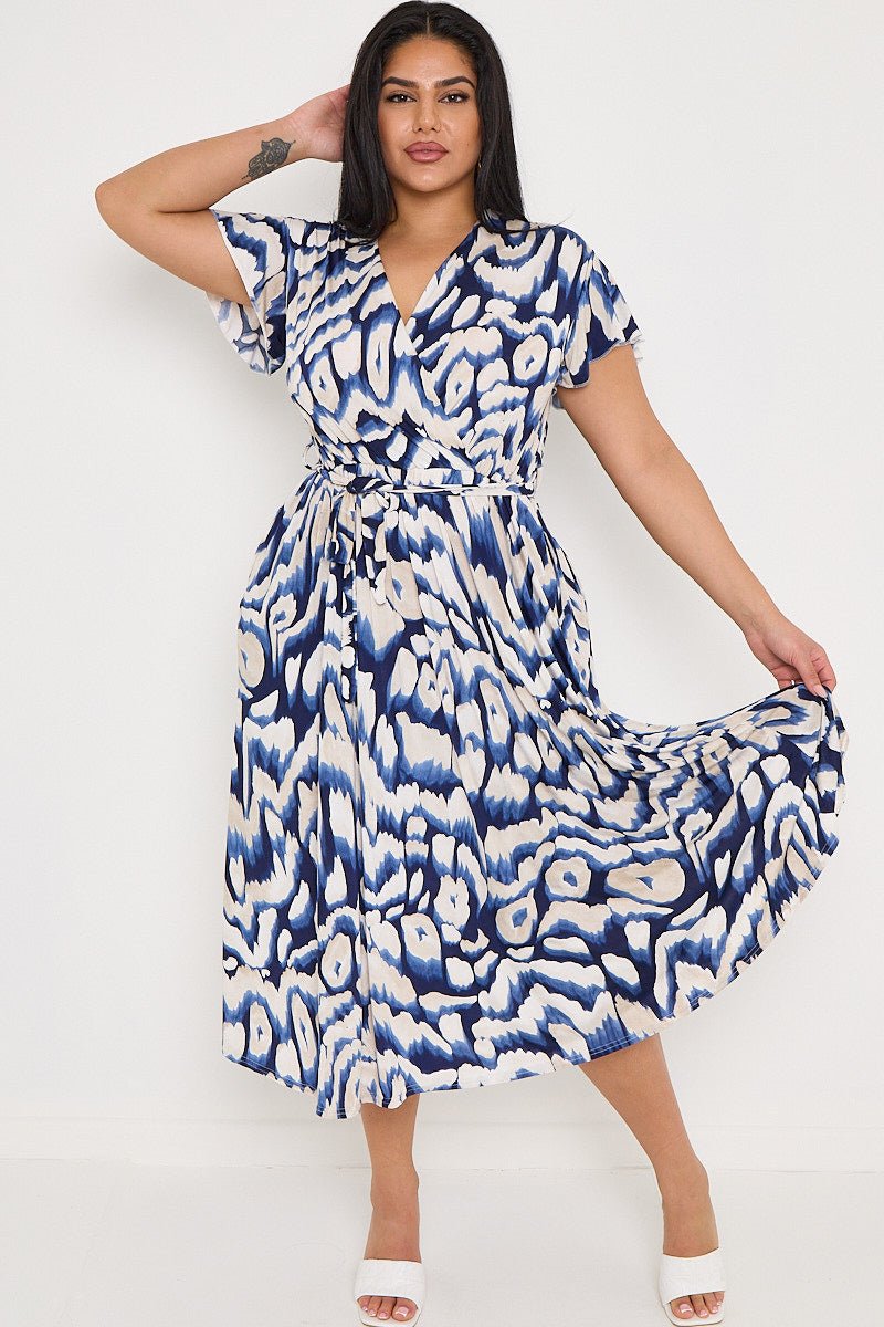 Plus Size Navy Printed Wrap Tie Waist Dress With Pockets - Curvy Chic Boutique