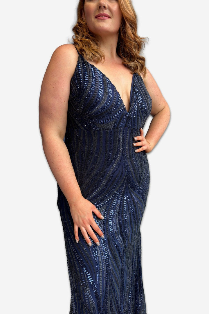 Plus Size Navy Sequin Maxi Dress with Spaghetti Straps - Curvy Chic Boutique