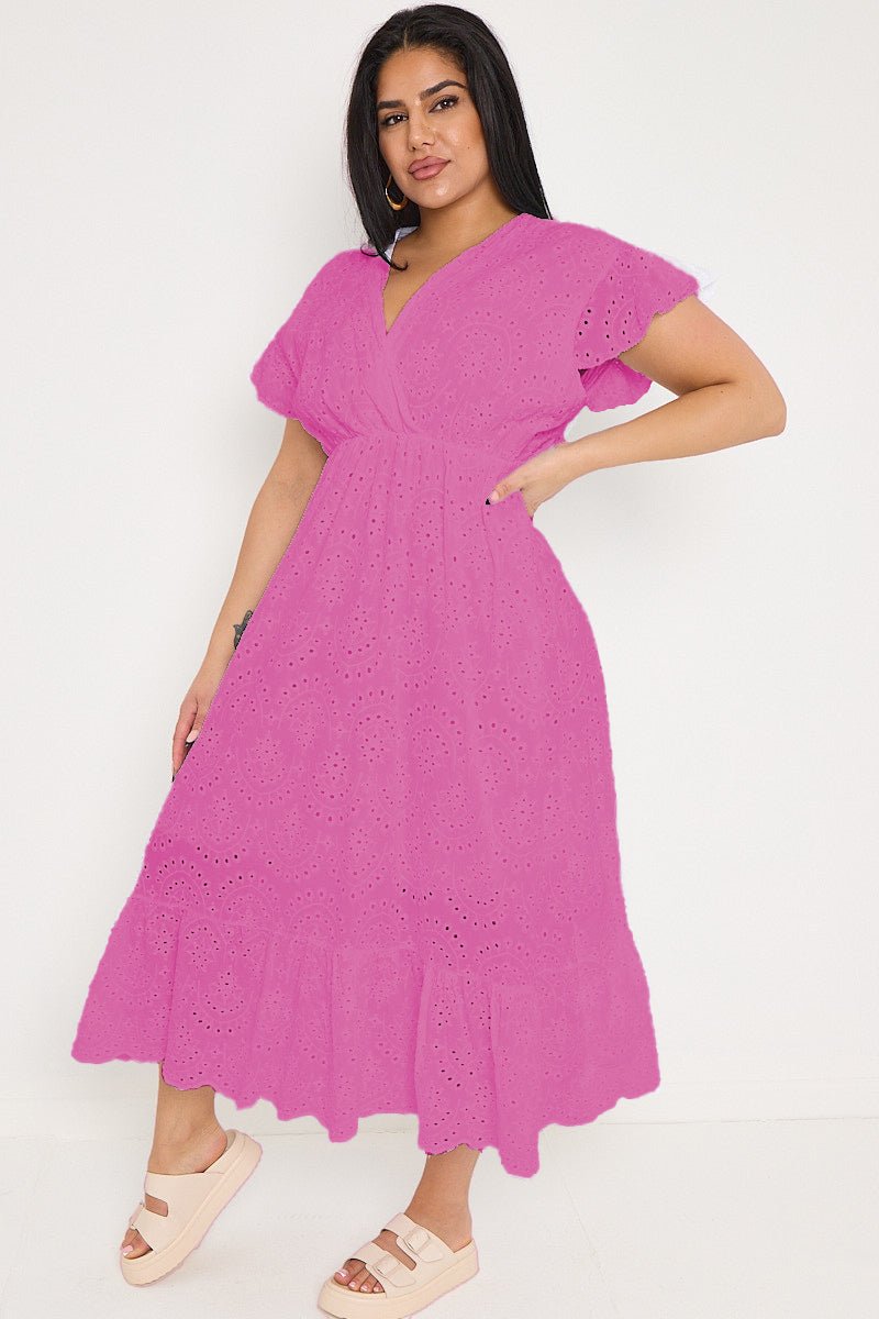 Plus Size Pink Broderie Lace Wrap Top Frill Hem Dress - Curvy Chic Boutique