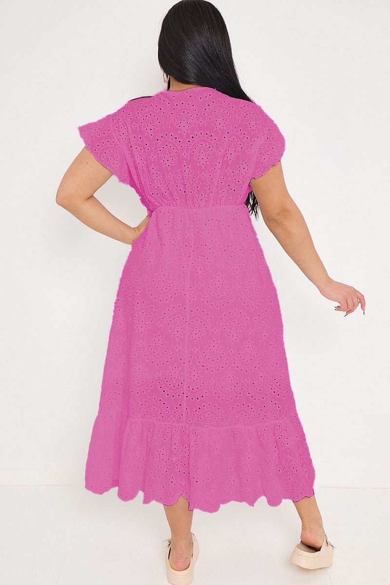 Plus Size Pink Broderie Lace Wrap Top Frill Hem Dress - Curvy Chic Boutique