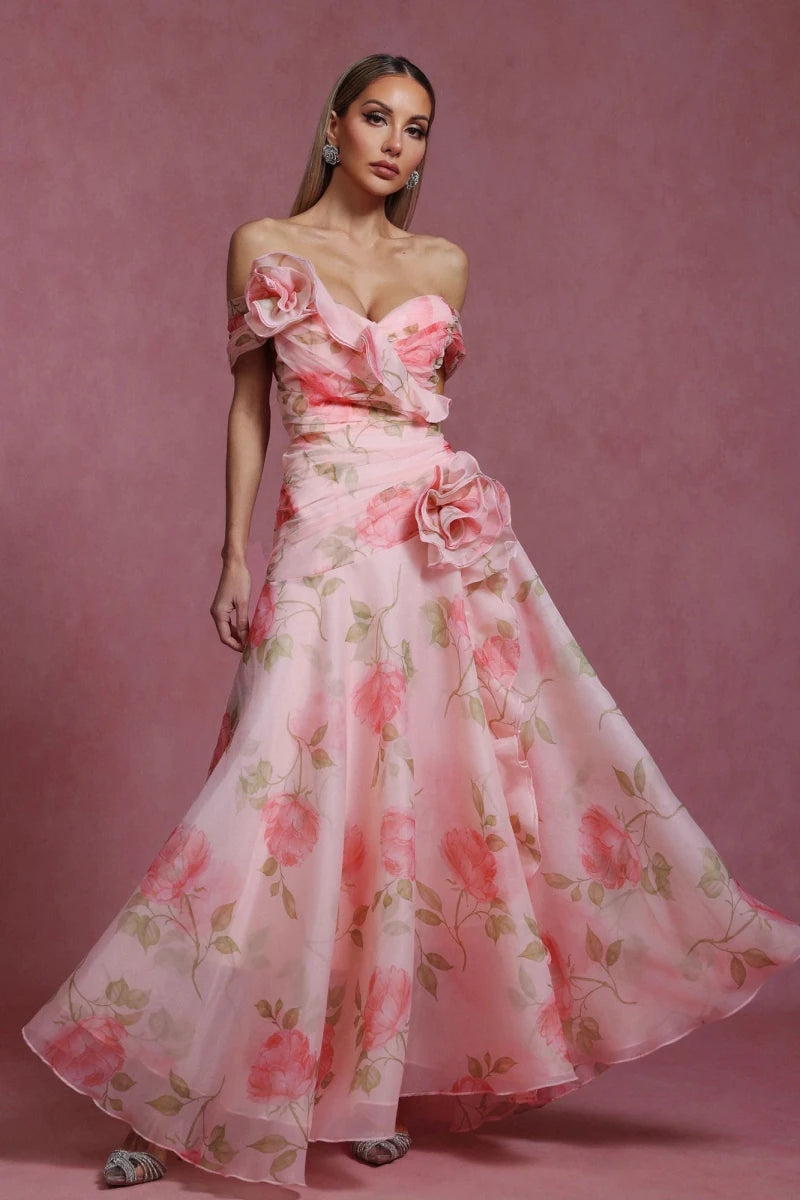 Plus Size Pink Floral Off Shoulder A Line Gown Rebecca James Boutique | Rebecca James (formerly Curvy Chic Boutique) Belfast