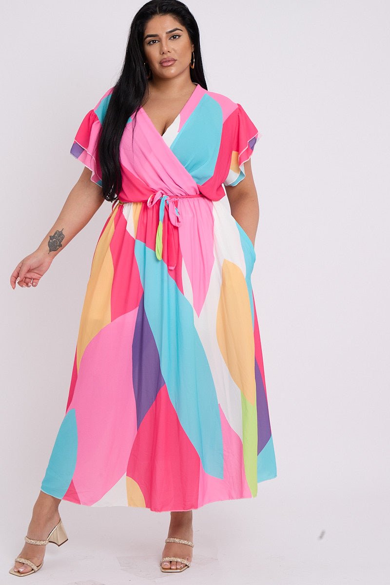 Plus Size Pink Printed Wrap Tie Waist Short Layered Sleeves Dress with Pockets - Curvy Chic Boutique