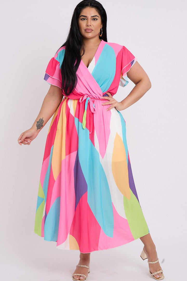 Plus Size Pink Printed Wrap Tie Waist Short Layered Sleeves Dress with Pockets - Curvy Chic Boutique