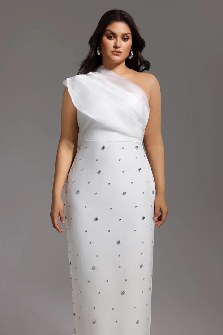 Plus Size White One Shoulder Midi Dress with Embellishment Rebecca James Boutique | Rebecca James (formerly Curvy Chic Boutique) Belfast