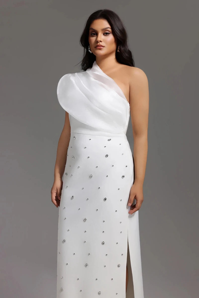 Plus Size White One Shoulder Midi Dress with Embellishment Rebecca James Boutique | Rebecca James (formerly Curvy Chic Boutique) Belfast