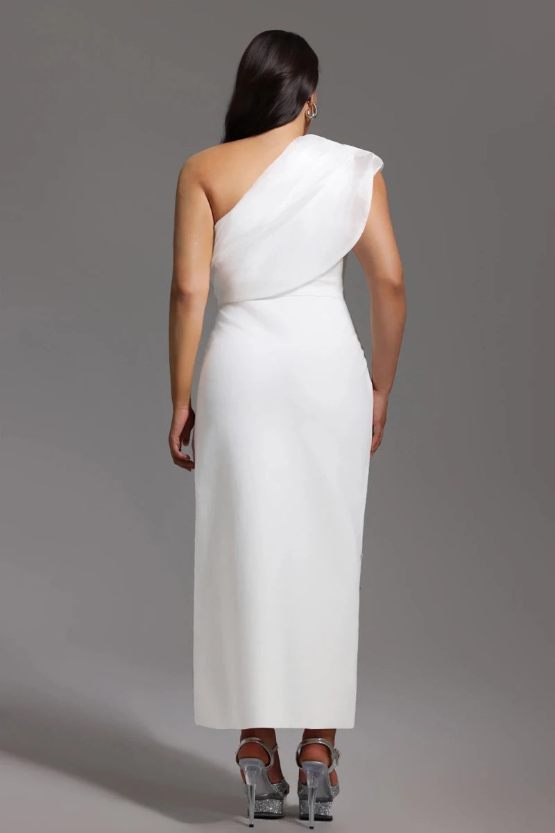 Plus Size White One Shoulder Midi Dress with Embellishment Rebecca James Boutique | Rebecca James (formerly Curvy Chic Boutique) Belfast