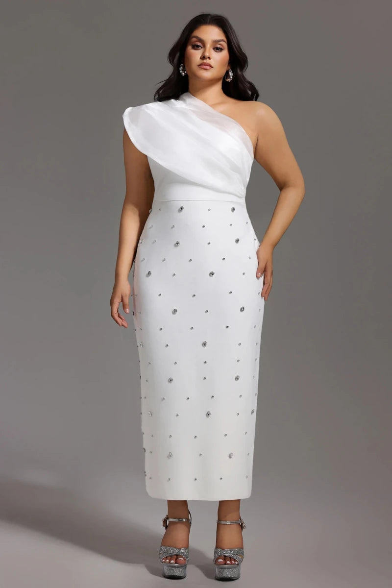 White Plus Size White One Shoulder Midi Dress with Embellishment by Bella Barnett