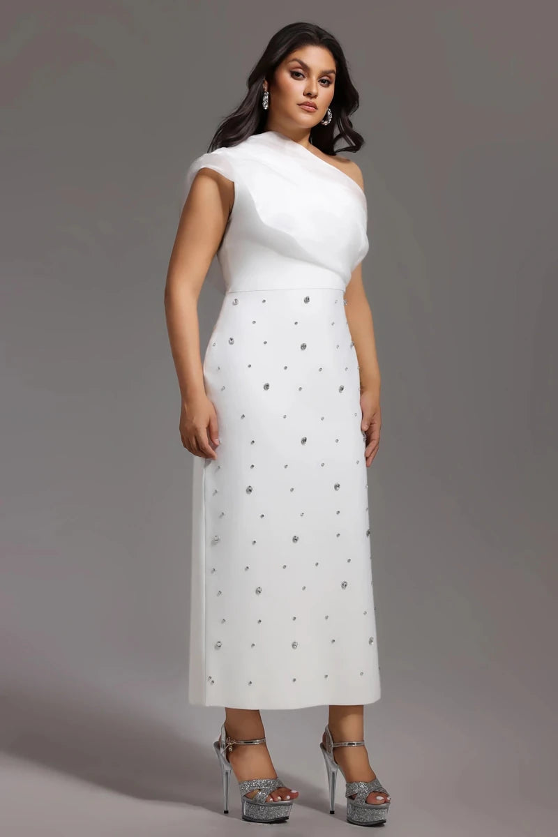 Plus Size White One Shoulder Midi Dress with Embellishment Rebecca James Boutique | Rebecca James (formerly Curvy Chic Boutique) Belfast