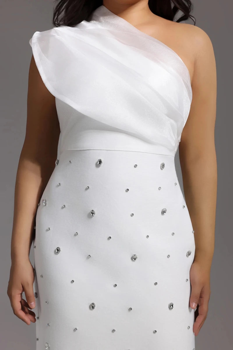 Plus Size White One Shoulder Midi Dress with Embellishment Rebecca James Boutique | Rebecca James (formerly Curvy Chic Boutique) Belfast