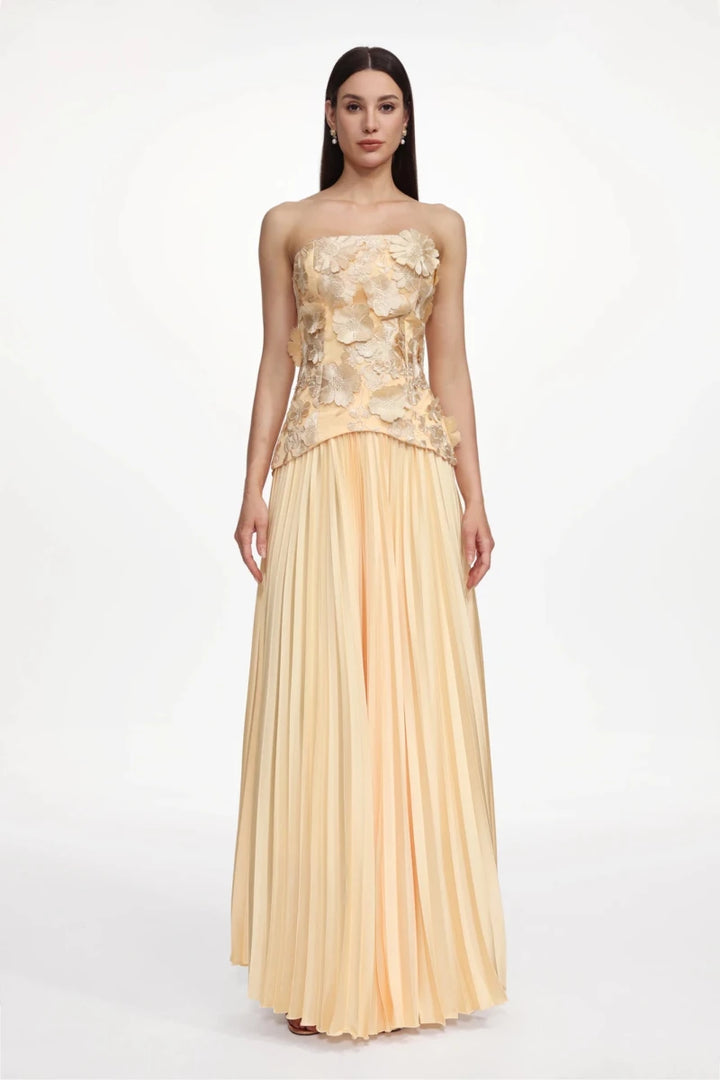 Yellow Plus Size Yellow Lace Bodice Pleated Maxi Dress by Bella Barnett