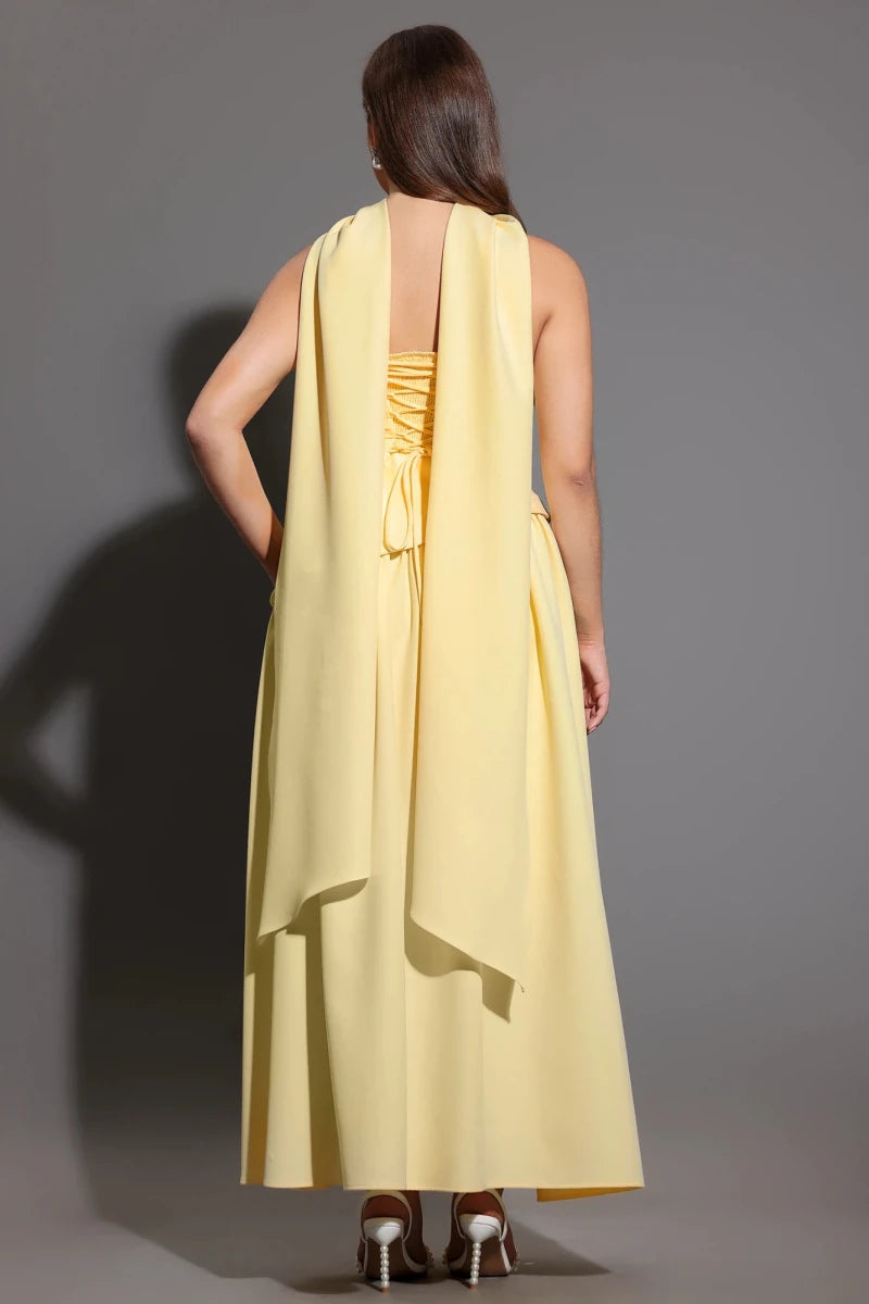 Plus Size Yellow Strapless Midi Dress with Scarf Detail Rebecca James Boutique | Rebecca James (formerly Curvy Chic Boutique) Belfast