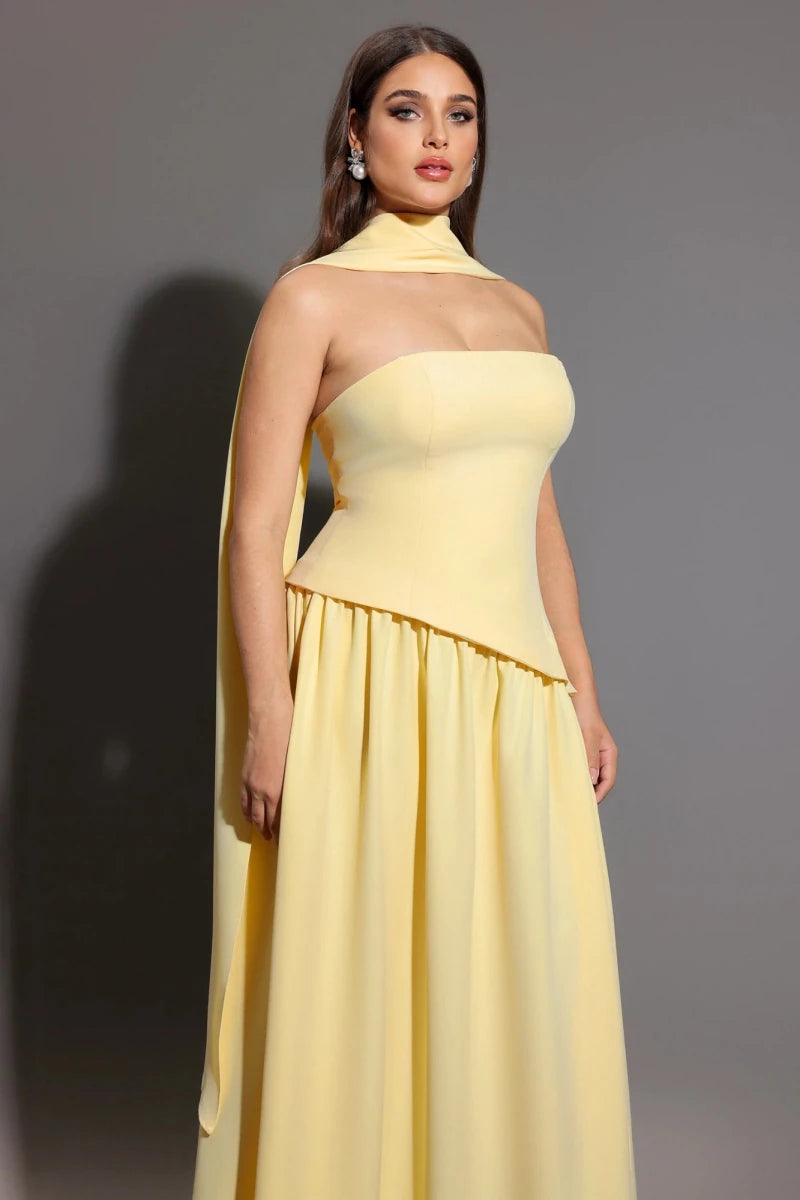 Plus Size Yellow Strapless Midi Dress with Scarf Detail Rebecca James Boutique | Rebecca James (formerly Curvy Chic Boutique) Belfast