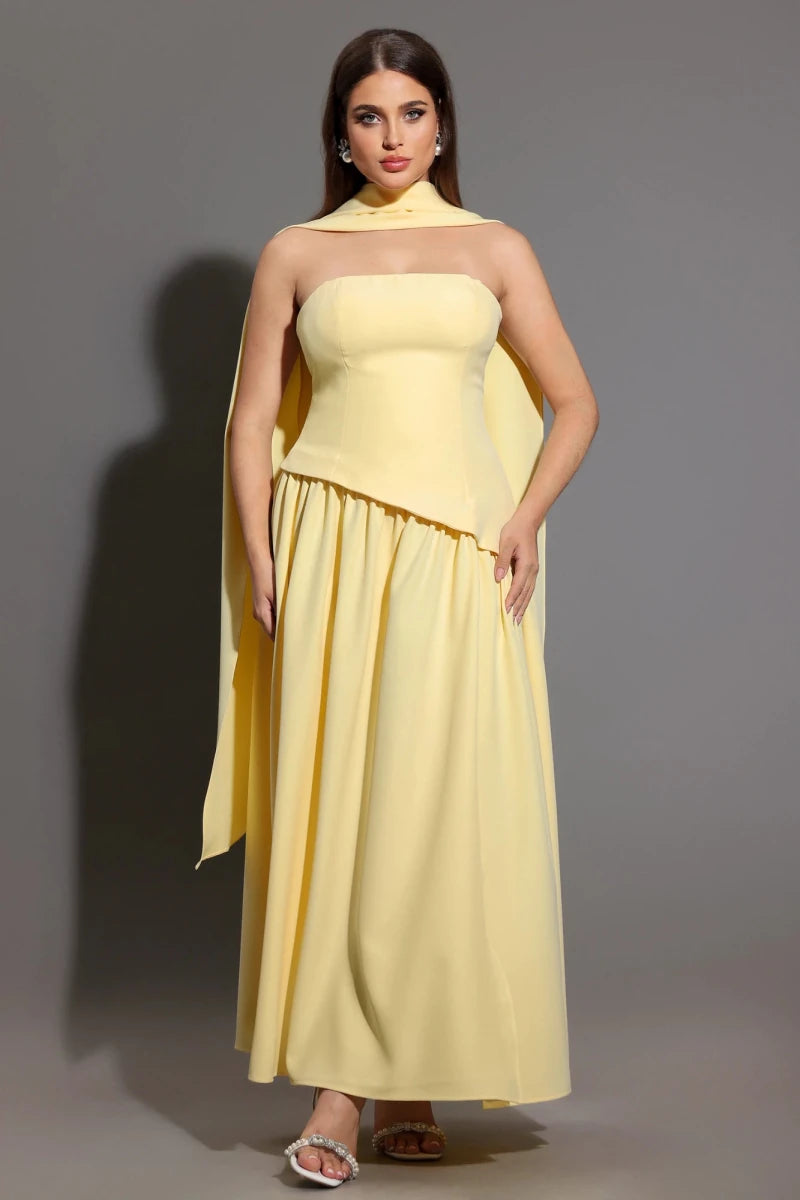 Yellow Plus Size Yellow Strapless Midi Dress with Scarf Detail by Bella Barnett
