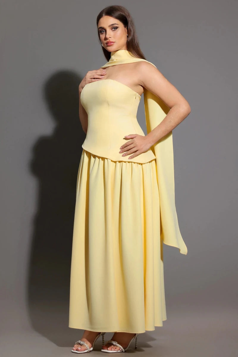 Plus Size Yellow Strapless Midi Dress with Scarf Detail Rebecca James Boutique | Rebecca James (formerly Curvy Chic Boutique) Belfast