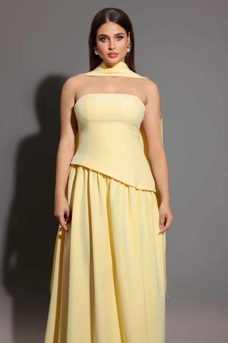 Plus Size Yellow Strapless Midi Dress with Scarf Detail Rebecca James Boutique | Rebecca James (formerly Curvy Chic Boutique) Belfast