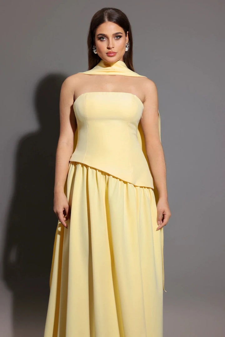 Plus Size Yellow Strapless Midi Dress with Scarf Detail Rebecca James Boutique | Rebecca James (formerly Curvy Chic Boutique) Belfast