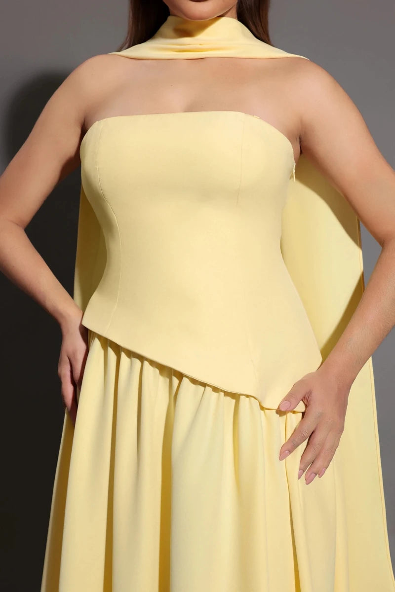 Plus Size Yellow Strapless Midi Dress with Scarf Detail Rebecca James Boutique | Rebecca James (formerly Curvy Chic Boutique) Belfast
