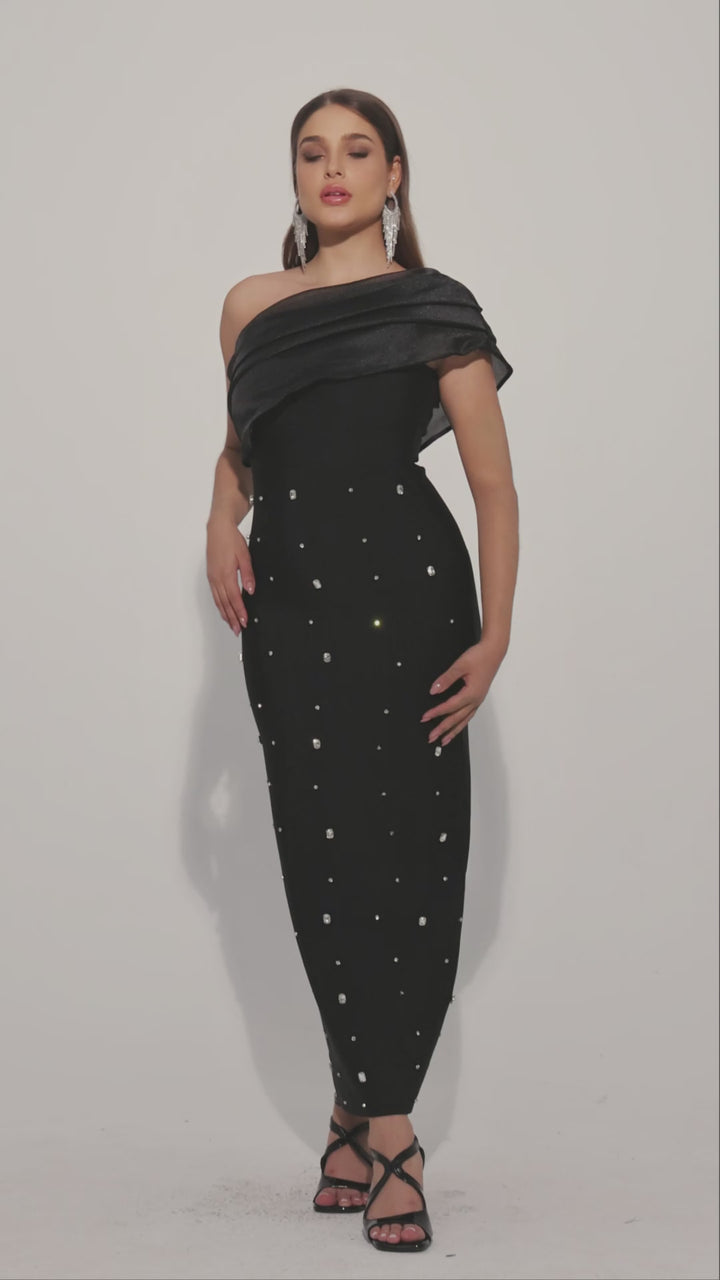 Black One Shoulder Evening Dress with Crystal Detail