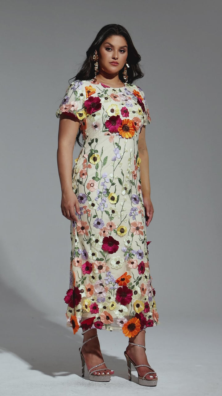 Floral Embroidered Midi Dress with Short Sleeves