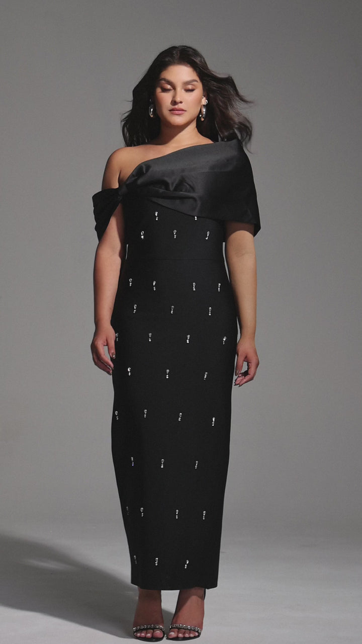 Black One Shoulder Evening Gown with Satin Fold Neckline and Embellished Detail