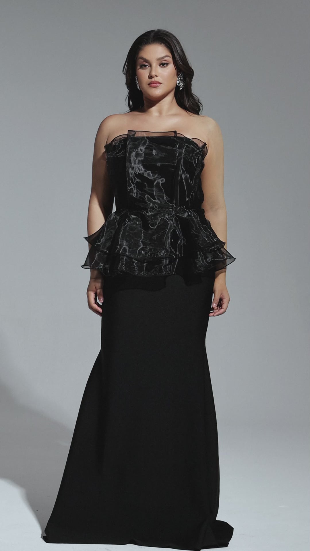 Black Strapless Evening Gown with Organza Peplum and Full Length Skirt