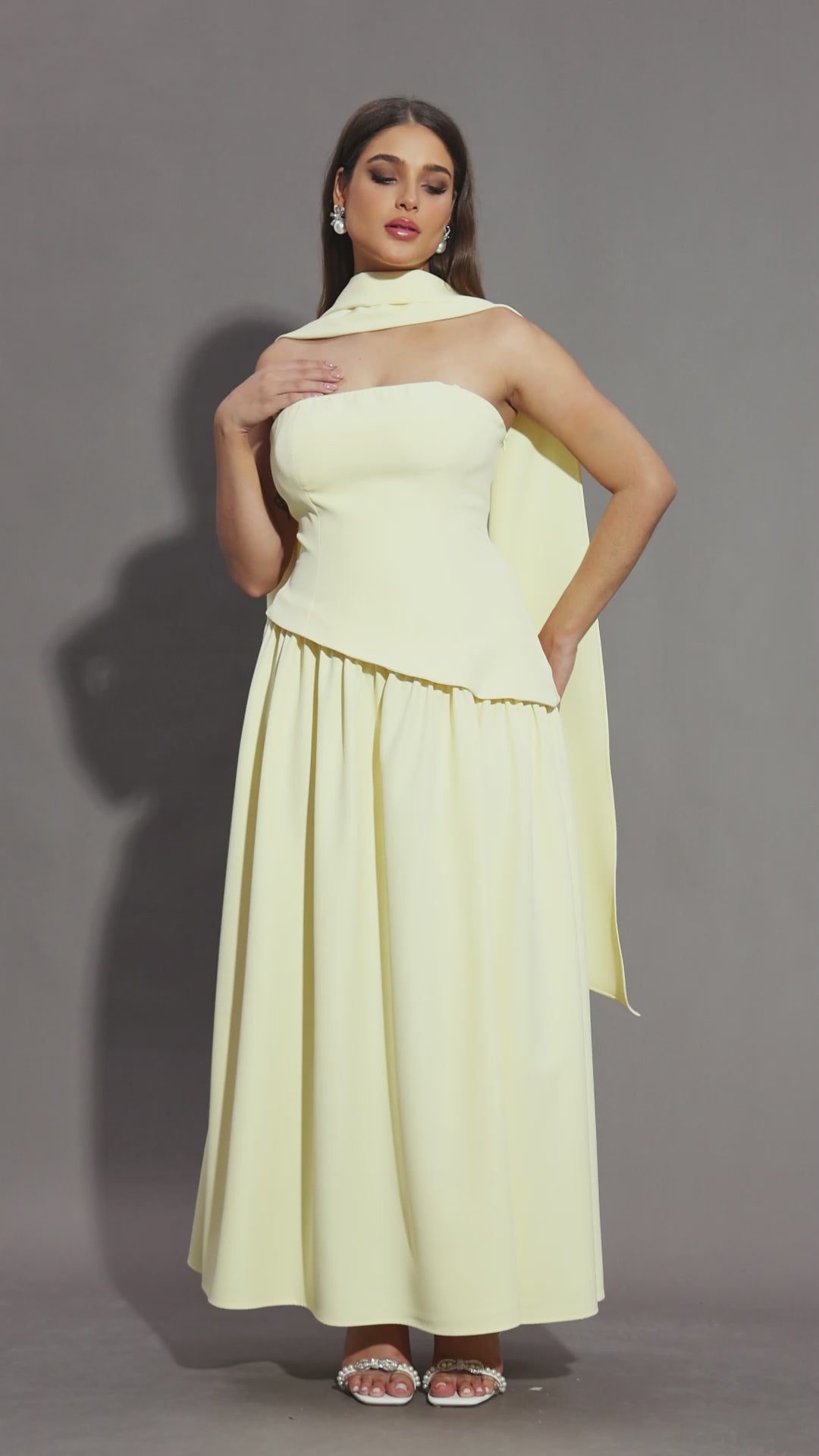 Yellow Strapless Midi Dress with Scarf Detail
