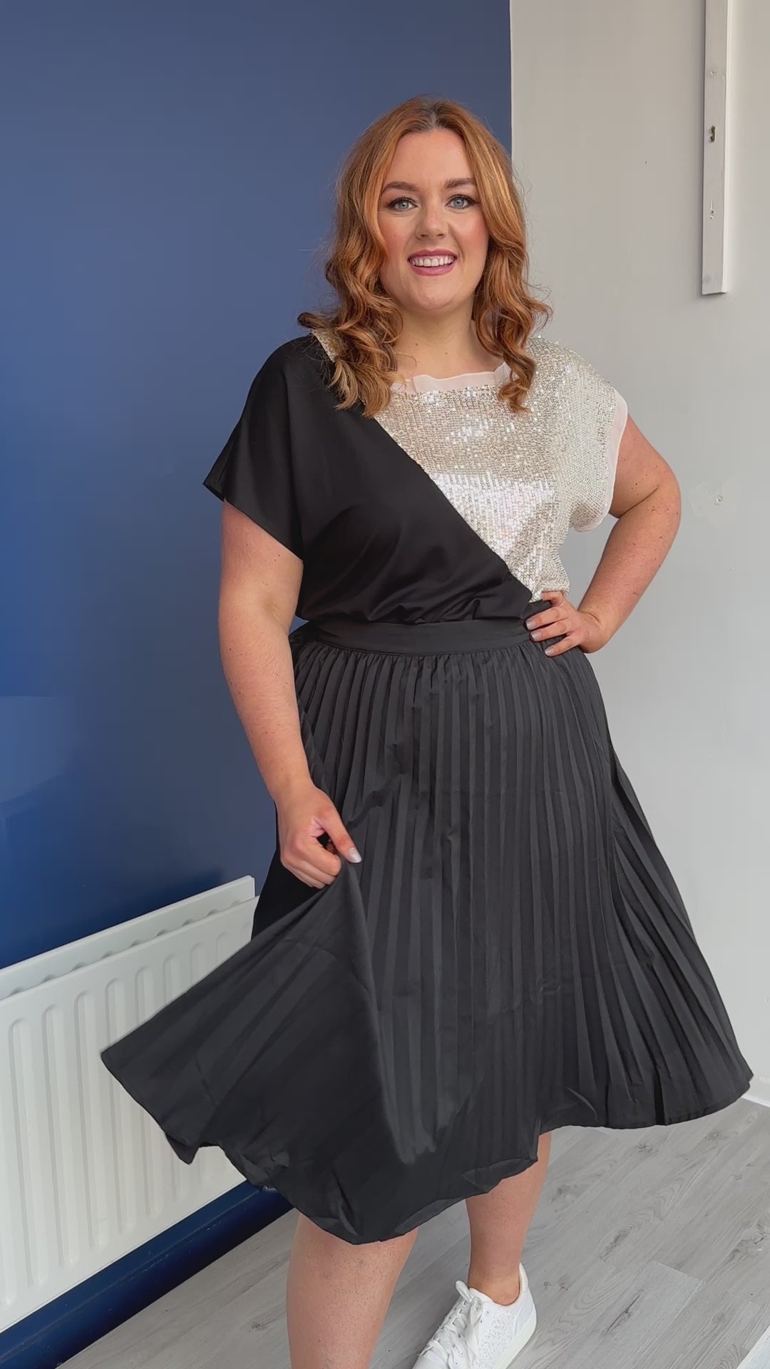 Pleated A-Line Plus size Black Midi Skirt, Workwear Party outfit | Brave Soul