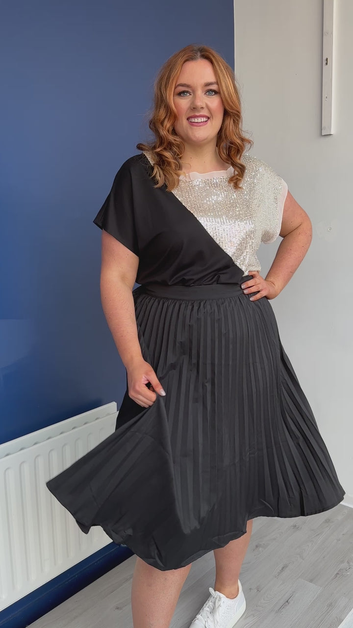Pleated A-Line Plus size Black Midi Skirt, Workwear Party outfit | Brave Soul