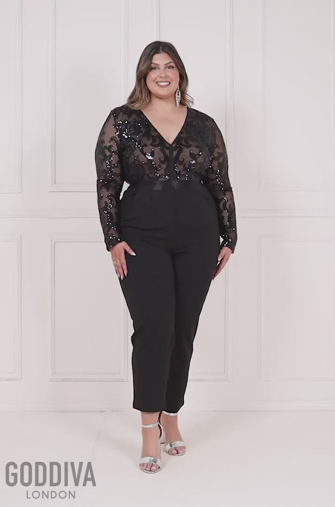 Black Long Sleeve Sequin Detail Plus Size Jumpsuit Curvy Chic Online Curvy Chic Boutique