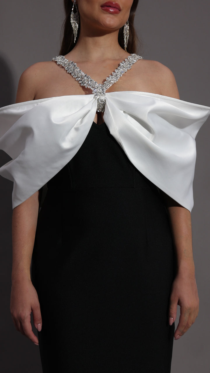 Black Column Dress with Bardot Ivory Bow Detail