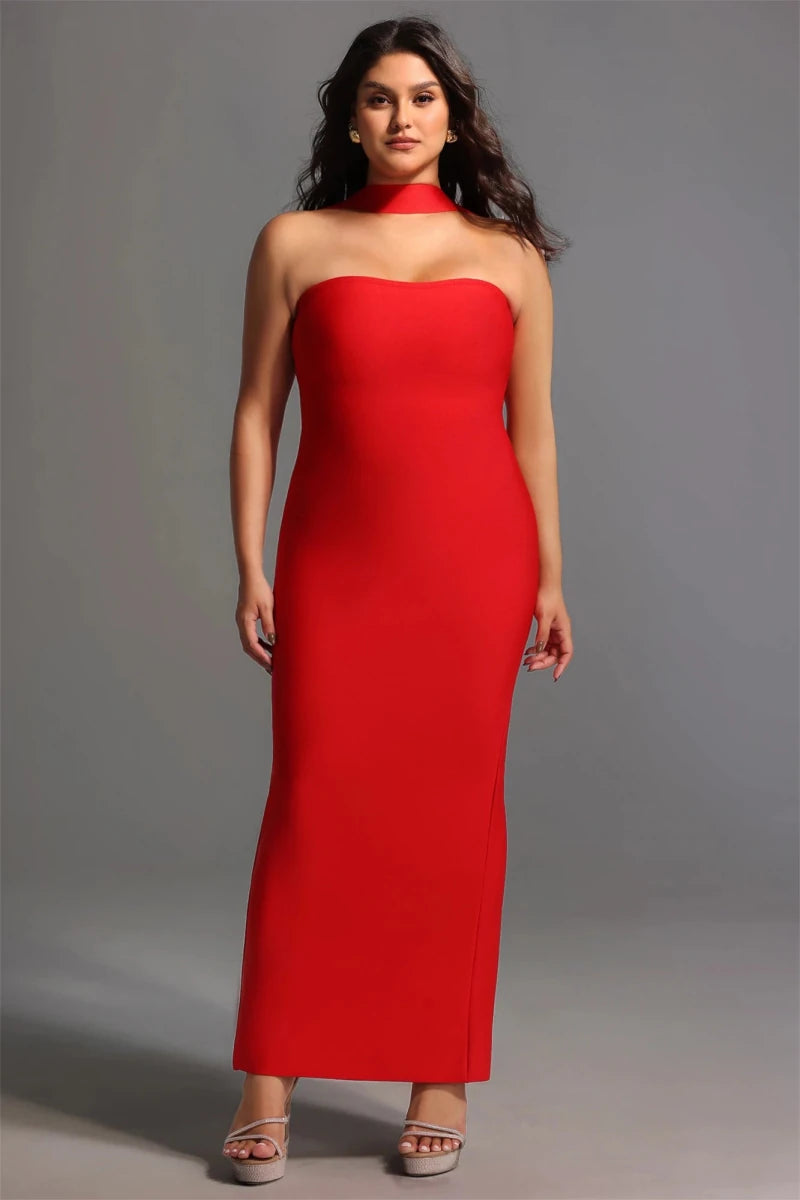 Red Red Halter Neck Evening Gown with Front Split and Fitted Silhouette by Bella Barnett