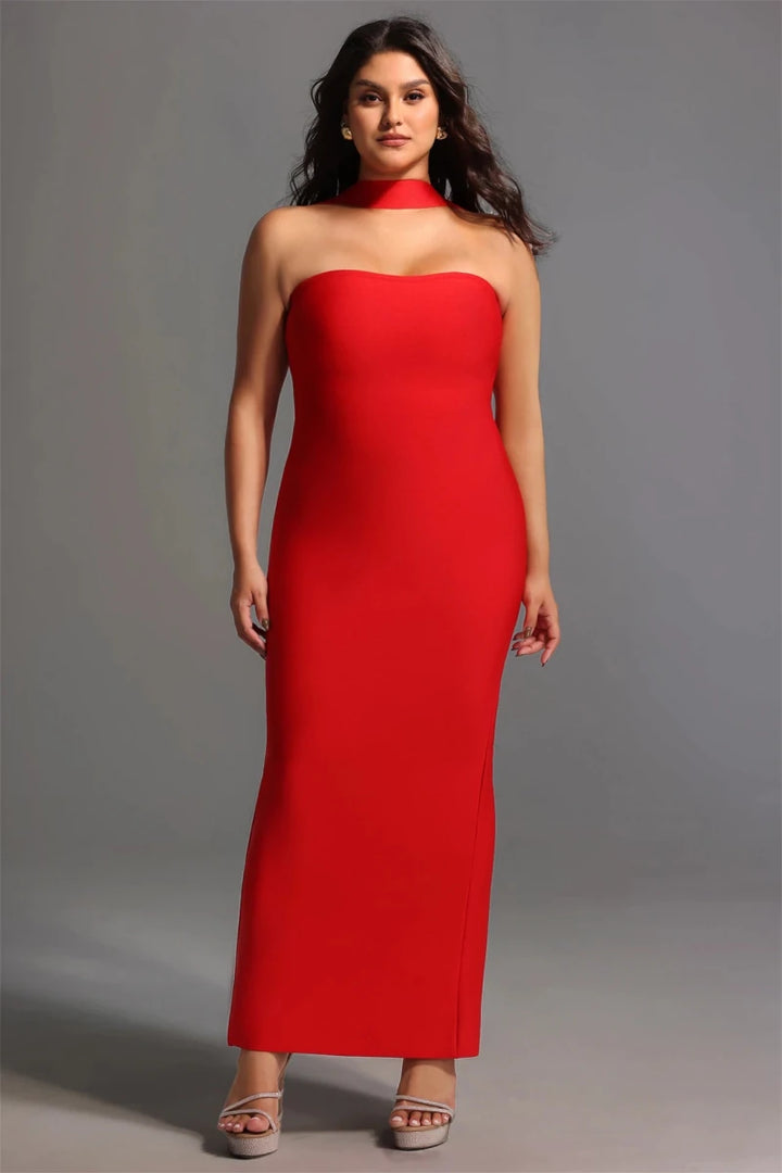 Red Red Halter Neck Evening Gown with Front Split and Fitted Silhouette by Bella Barnett