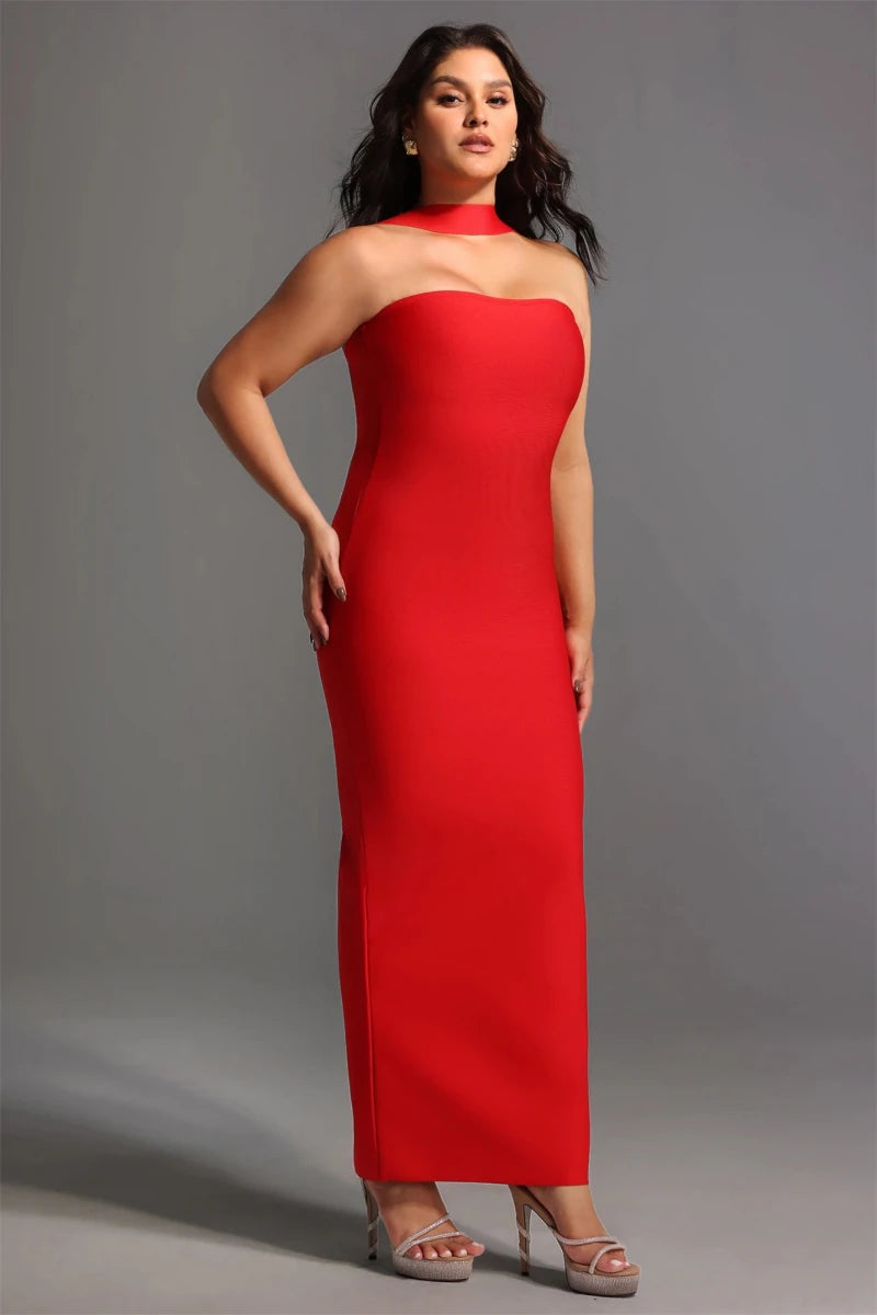 Red Halter Neck Evening Gown with Front Split and Fitted Silhouette Rebecca James Boutique | Rebecca James (formerly Curvy Chic Boutique) Belfast