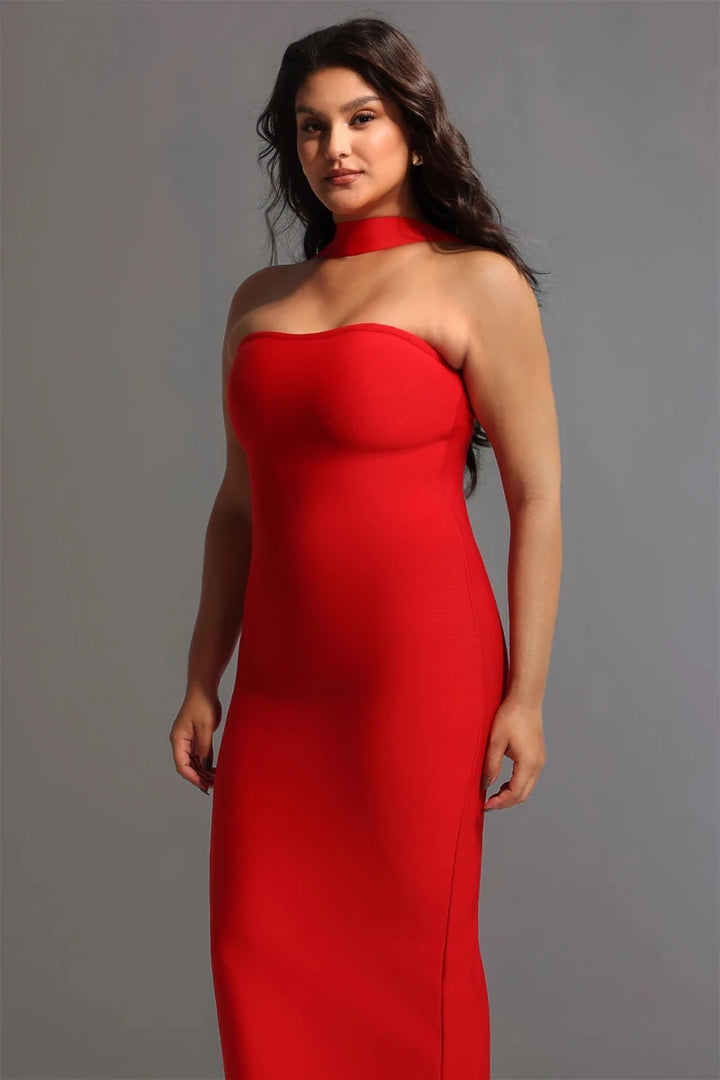 Red Halter Neck Evening Gown with Front Split and Fitted Silhouette Rebecca James Boutique | Rebecca James (formerly Curvy Chic Boutique) Belfast