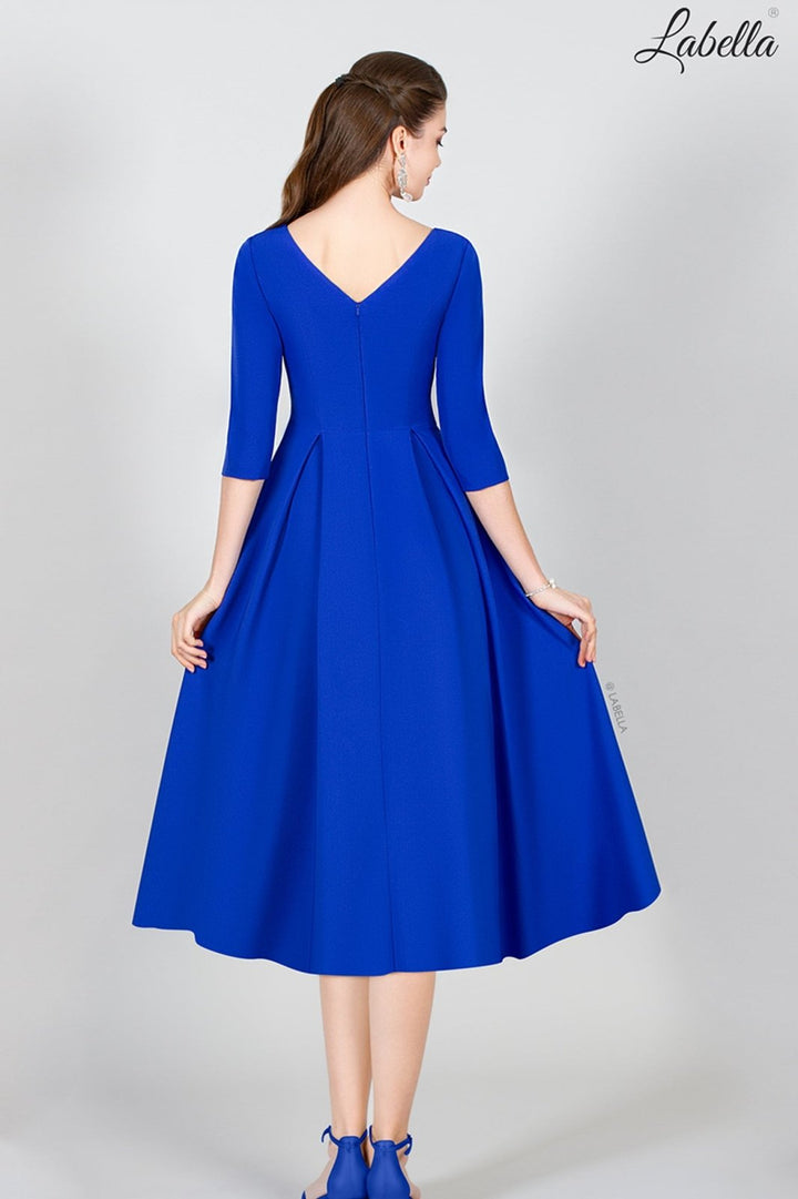 Royal Blue A - line Crepe Midi Dress with Sleeves + V - neck | 8033L - Curvy Chic Boutique