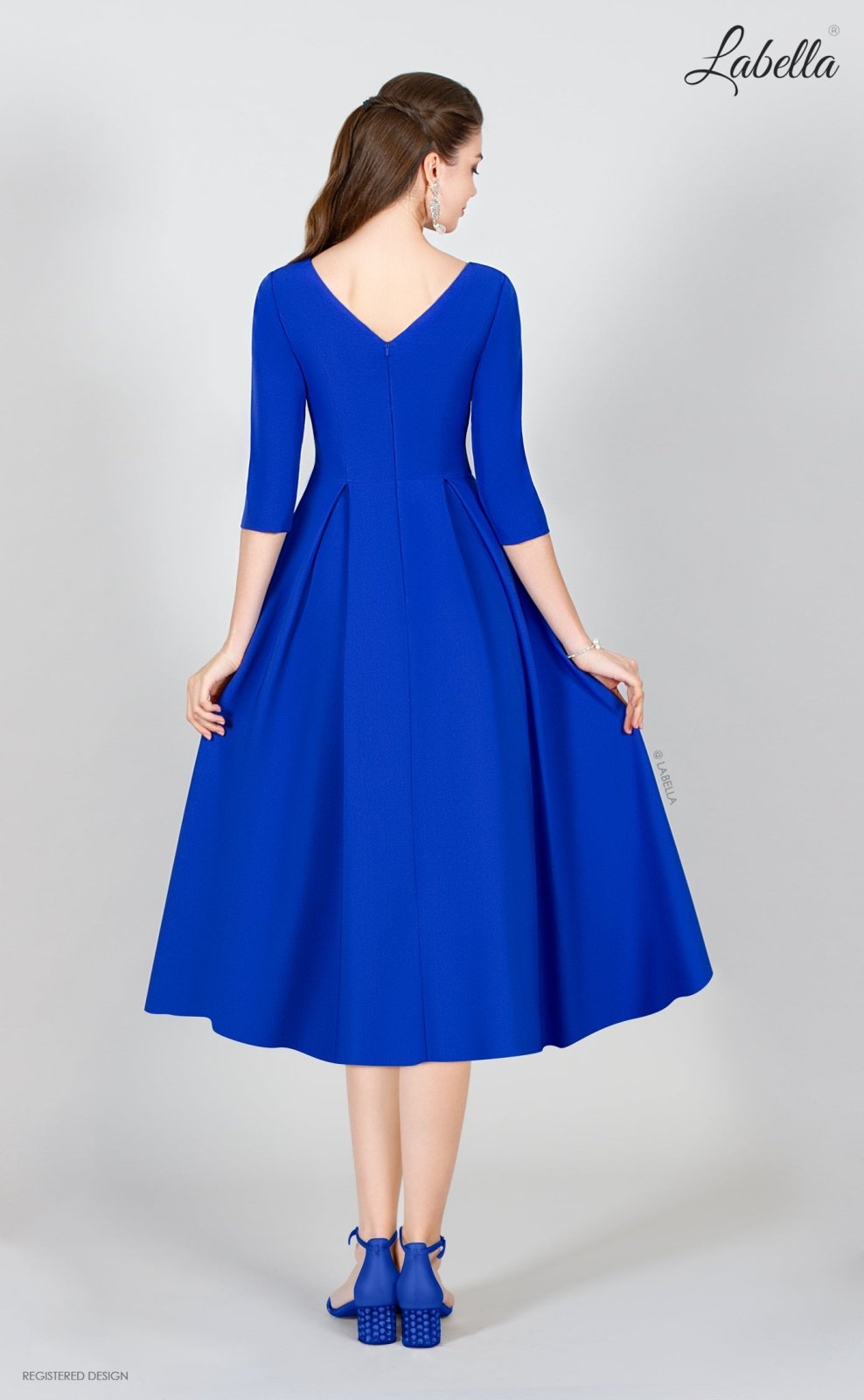 Royal Blue A - line Crepe Midi Dress with Sleeves + V - neck | 8033L - Curvy Chic Boutique