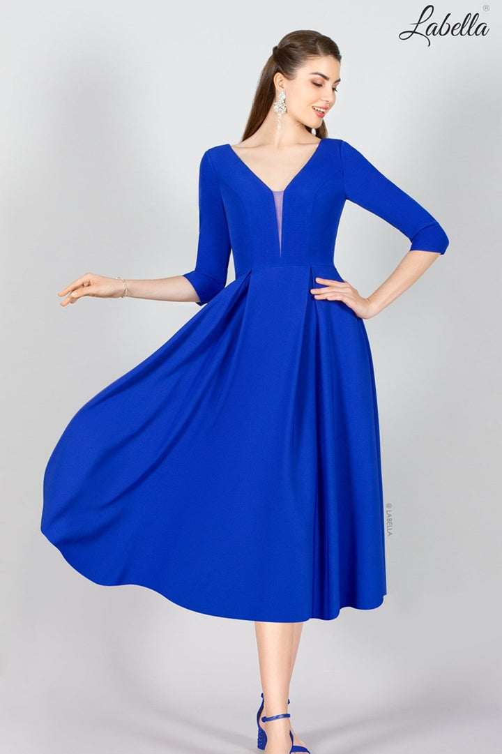 Royal Blue A - line Crepe Midi Dress with Sleeves + V - neck | 8033L - Curvy Chic Boutique