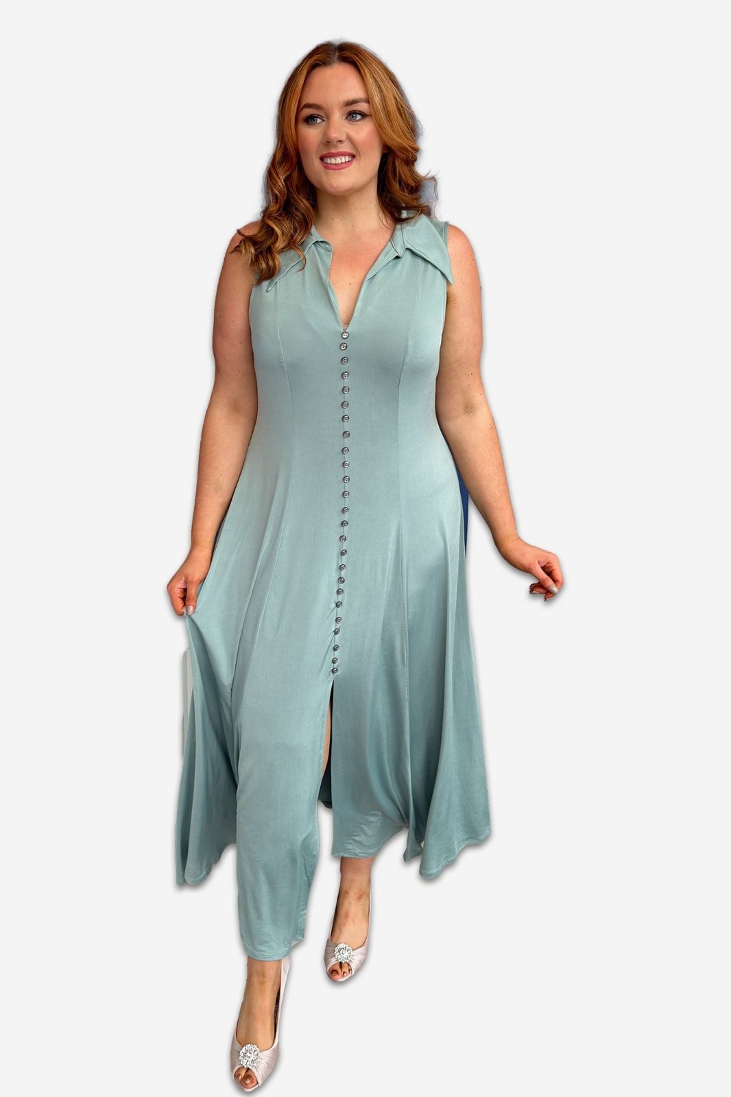 Sage Green Plus Size Maxi Button Down Collared Dress - Curvy Chic Boutique