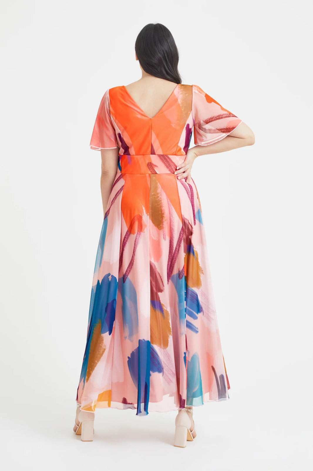 Scarlett and Jo | Isabelle Angel Sleeve Maxi Wrap Dress in Peach - Curvy Chic Boutique