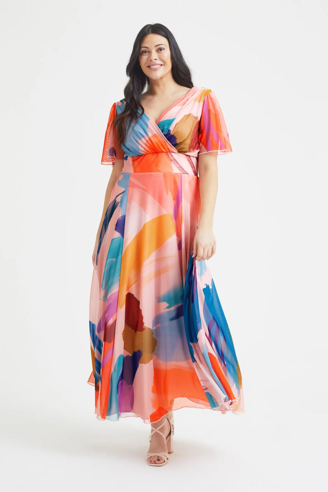 Scarlett and Jo | Isabelle Angel Sleeve Maxi Wrap Dress in Peach - Curvy Chic Boutique