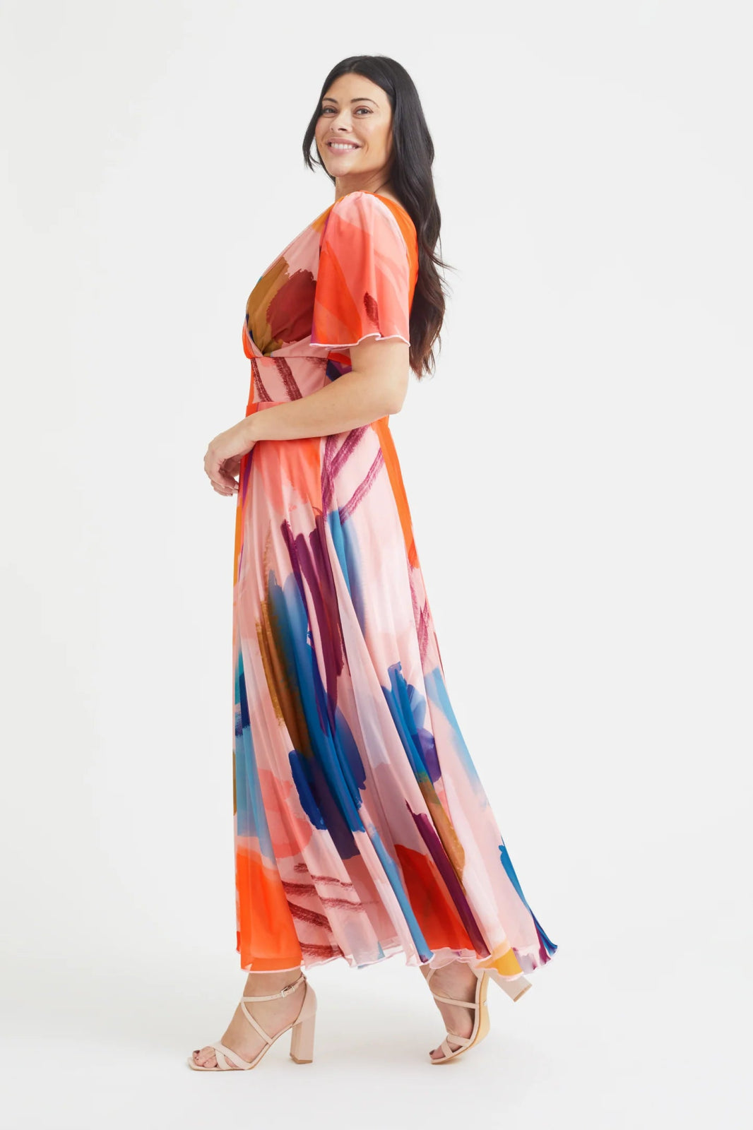 Scarlett and Jo | Isabelle Angel Sleeve Maxi Wrap Dress in Peach - Curvy Chic Boutique