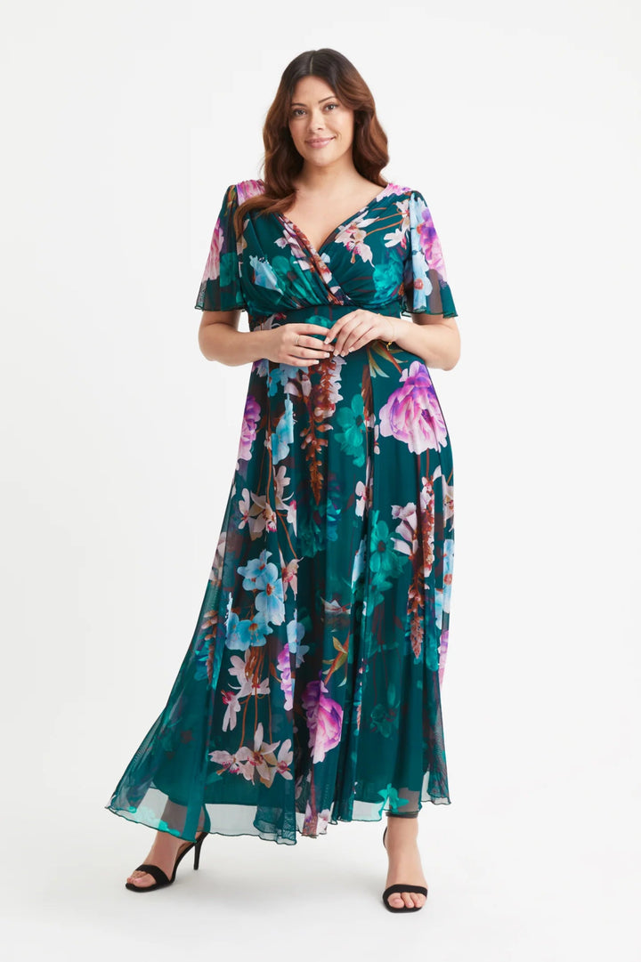 Scarlett and Jo | Isabelle Angel Sleeve Wrap Maxi Dress in Green - Curvy Chic Boutique