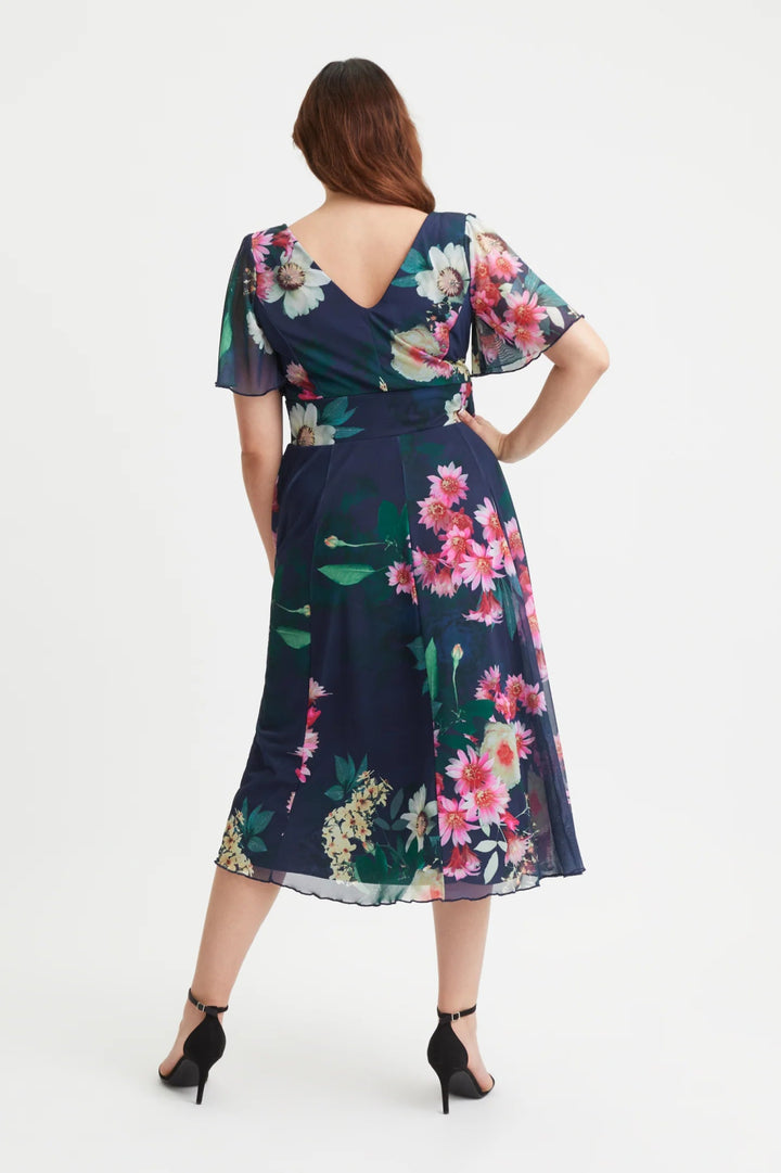 Scarlett & Jo | Navy Floral Victoria Angel Sleeve Mesh Midi Dress - Curvy Chic Boutique