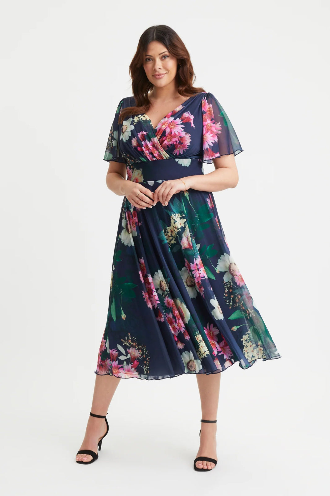 Scarlett & Jo | Navy Floral Victoria Angel Sleeve Mesh Midi Dress - Curvy Chic Boutique