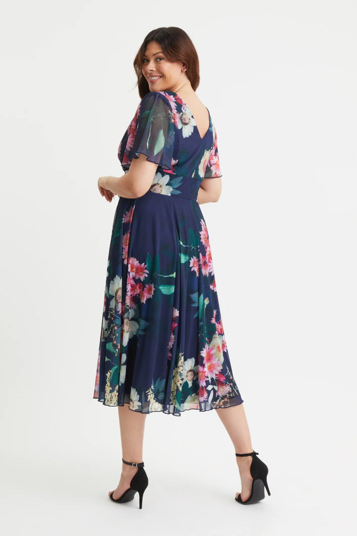 Scarlett & Jo | Navy Floral Victoria Angel Sleeve Mesh Midi Dress - Curvy Chic Boutique