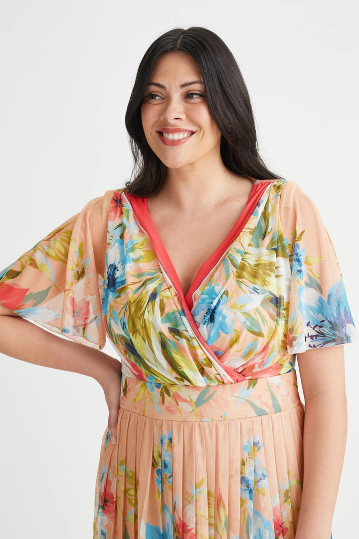 Scarlett & Jo Plus Size Cleo Pink Border Knife Pleated Skirt Wrap Midi Dress - Curvy Chic Boutique