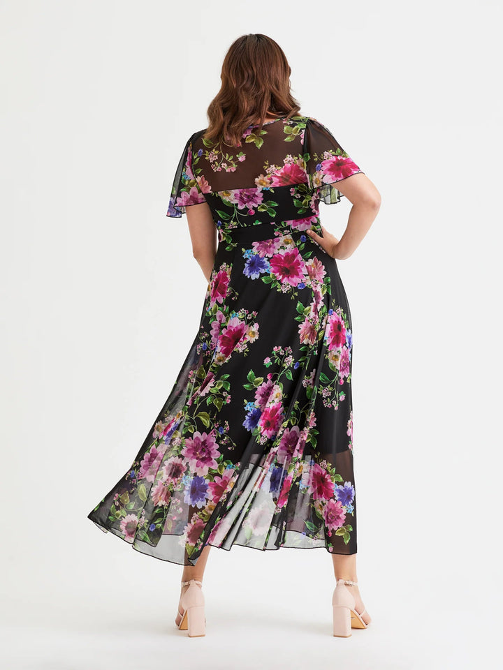 Scarlett & Jo Tilly Black/Pink Print Angel Sleeve Sweetheart Midi Dress - Curvy Chic Boutique